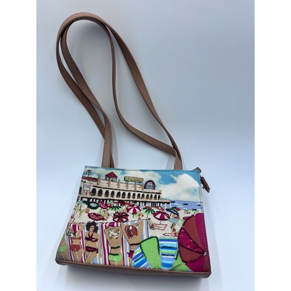 Frank & Johnnie Handbags - Frank & Johnnie Beaded Embroidered Beach Scene Canvas Shoulder Bag Multicolor